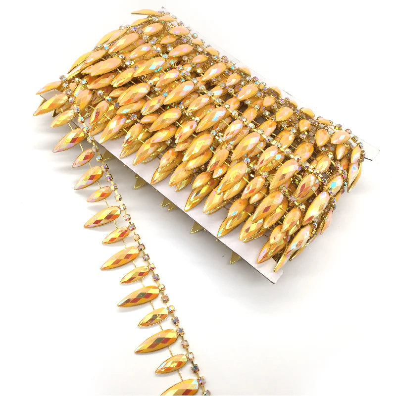 Fucun Garment Decoration Making Carnival Rhinestone Tassel Fringe Trim Rhinestone Yellow ab Resin Chain Trims