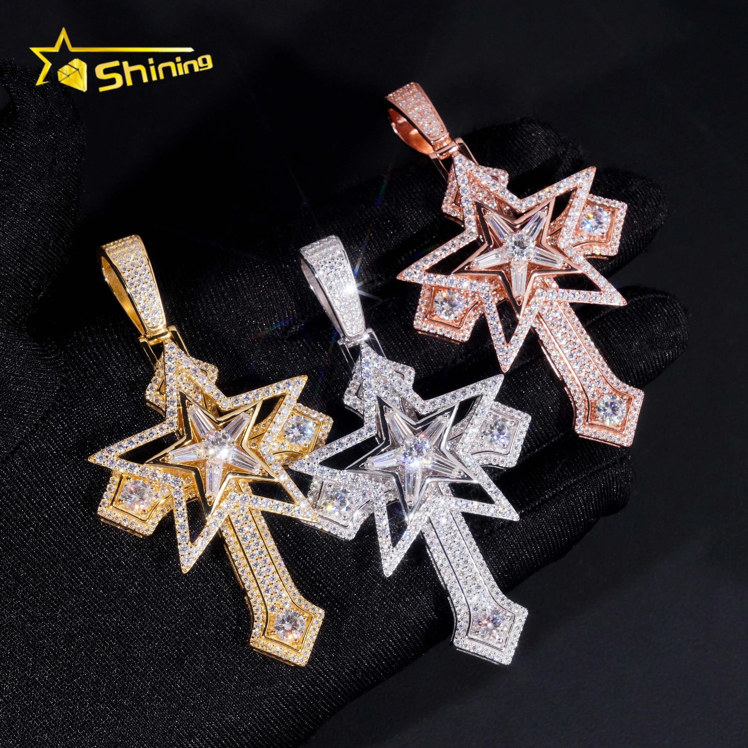 Ready to Ship Luxury Star Design Iced Out Cross Pendant Solid Silver with Moissanite Diamond Hip Hop Pendant
