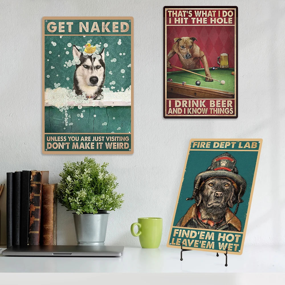 Putuo Decor Funny Dog Vintage Effect Retro Metal Poster Tin Plate Sign for Home Doghouse Decor