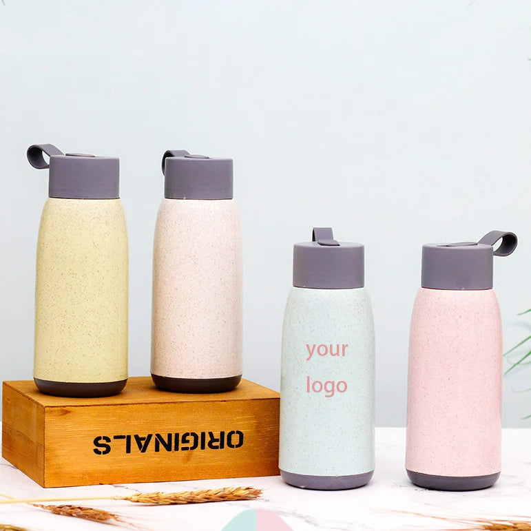 Ins Style Cheap Advertising Business Gift 12oz Eco-friendly Wheat Straw Glass Water Bottle With Strap