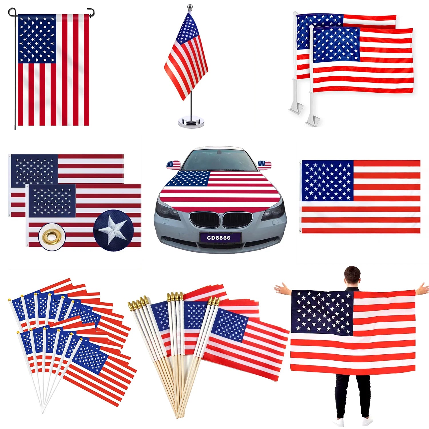 Large US  3x5ft Embroidered American Car Cover Mini Hand Waving Flag Customized Desk Flags Cap  Banner Flag