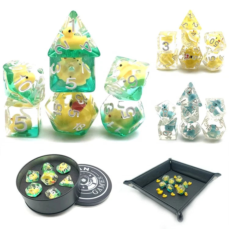 Unique 7 Piece Polyhedral Resin Yellow Duck Liquid Core DND Dice Set for RPG Games