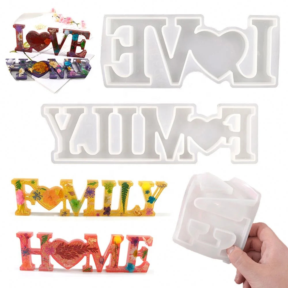 DM124 Reverse HOME LOVE FAMILY Letter Mold Epoxy Alphabet Silicone Resin Molds for Resina Art Craft Decoration Jewelry Keychain