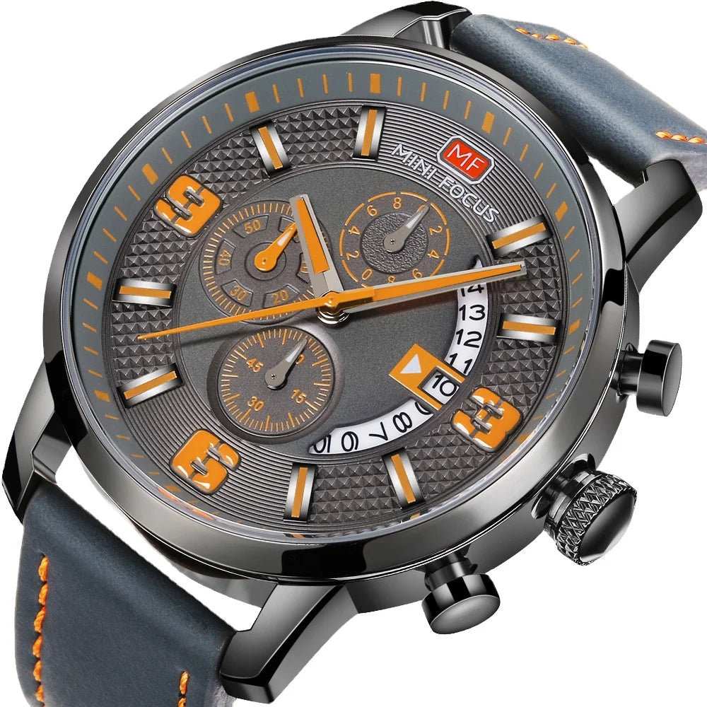 MINI FOCUS Reloj 0025 Men's Wristwatch Multifunction Men Quartz Luxury Leather Strap Watches Reloj Hombre Luminous Date Watch