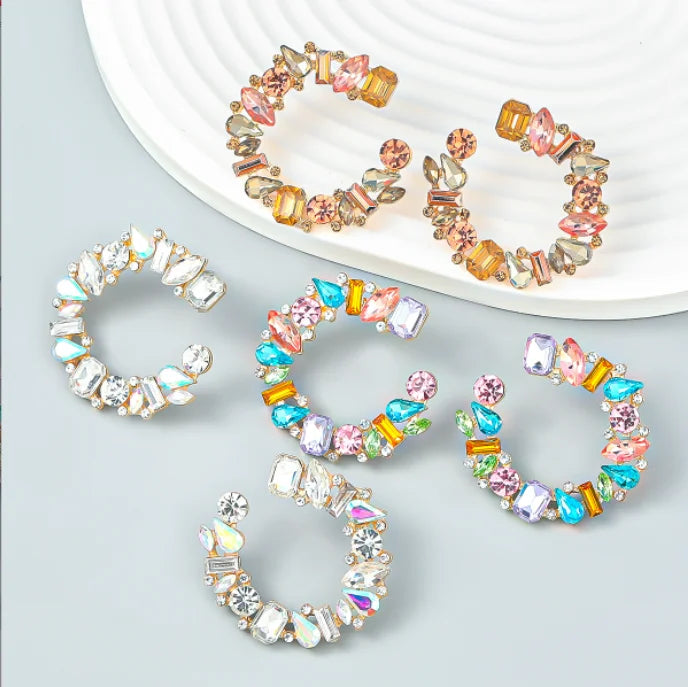 New Rhinestone Multicolor C Shape Women's Earrings Dinner Wedding Accessories Fashion Statement Jewelry