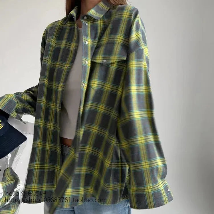 European American Retro Satin Silk Lapel Loose Plaid Long Sleeve Shirt Pocket XL Size Casual Vintage Fashion for Office Wear
