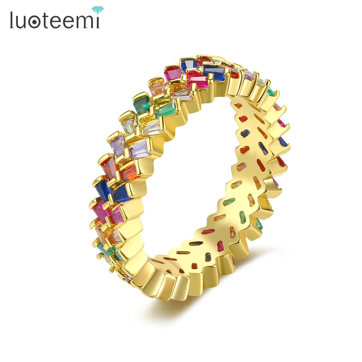 LUOTEEMI Double Line T Shape Rainbow Colorful Zircon Rings for Women Luxury Ring Real Gold Plated
