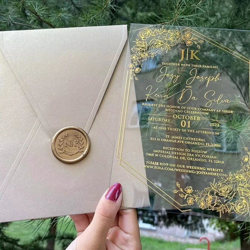 Custom Wholesale Transparent  Marriage Clear Acrylic Envelope With Wax Seal Birthday Party Wedding Invitation