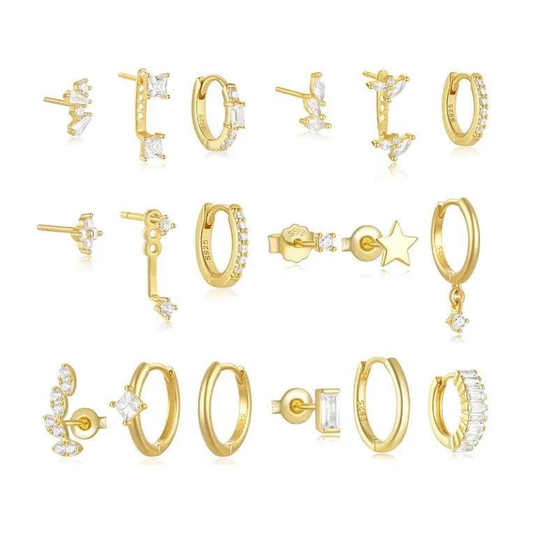 Minimalist Fashion Jewelry 925 Sterling Silver Geometric Star Eye Shaped Zircon Gold Plated Hoop Stud Earrings Sets for Women