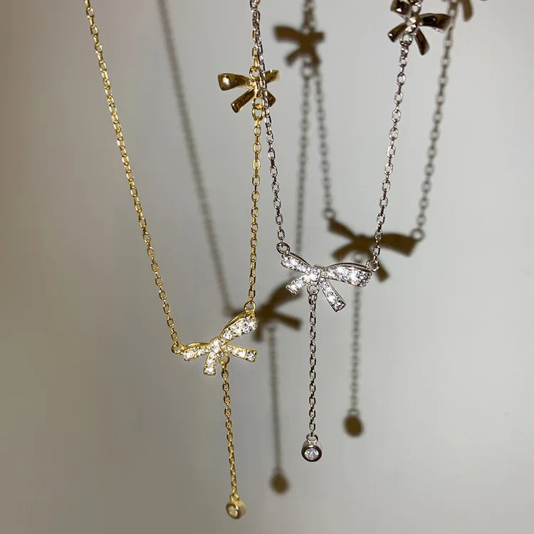 Sweet Cute Pure 925 Sterling Silver Clavicle Chain Zircon INS Bow Ties Pendant Necklace for Women Jewelry