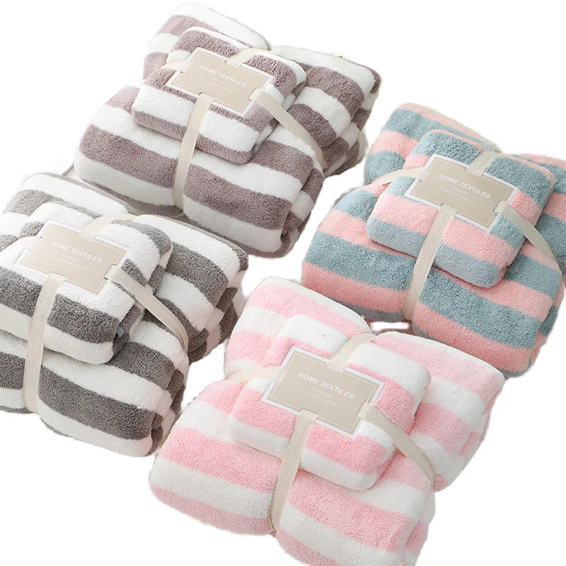 Microfiber Coral Velvet Striped Bath and Hand Towel Set Quick-Dry Soft Home Spa Custom Logo for Hotels Knitted Technics