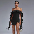 Ocstrade Damen Kleidung Sexy Club Party Black Bandage Dress Strapless Ruffle Streamers Asymmetrical Mini Club Dress for Women