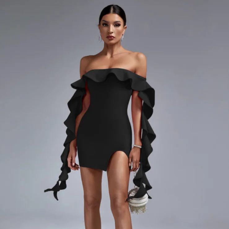 Ocstrade Damen Kleidung Sexy Club Party Black Bandage Dress Strapless Ruffle Streamers Asymmetrical Mini Club Dress for Women