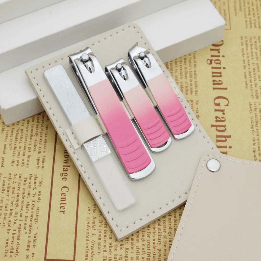 Custom Logo 4pcs Nail Clipper Kit Manicure Pedicure Tool Nail Cutter Glass Nail File Set with Leather Case
