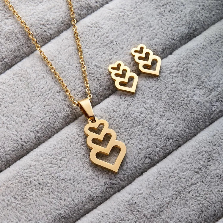 Trendy Silver 18K Gold Plated Stainless Steel Women Charm Treble Heart Pendant Necklace Earring Jewelry Set