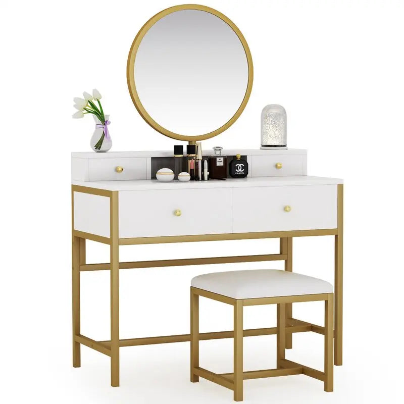 2022 Royal Toaletka Makeup Dresser Vanity Dresing Led Mirrored Dressing Table With Big Round Mirror for Modern European Bedroom