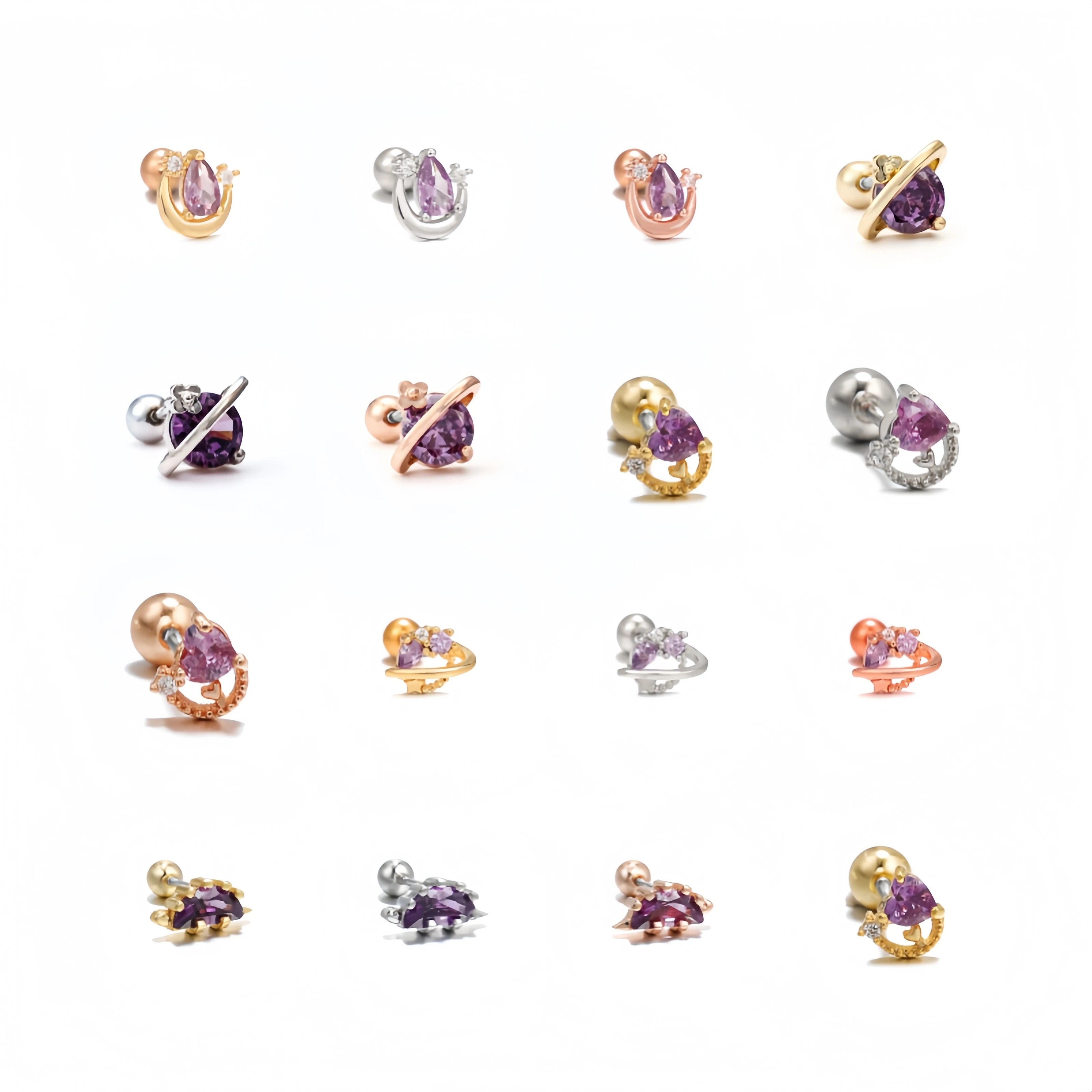 Trendy Gold Plated Amethyst Zircon Stud Earrings Hypoallergenic Pierced Jewelry for Party or Gift