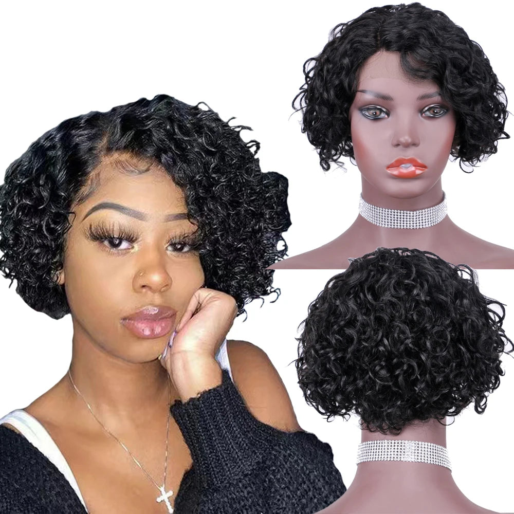 Pixie Kinky Curly Human Hair Wig 13*4 Lace Frontal with Hair Line Short bob Curly Natural Brazilian Human Hair Wig