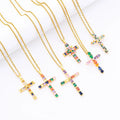 Stainless Steel Chain PVD 18K Gold Plated Colored Diamond CZ Cross Pendant Necklace Colorful Cross Crystal Necklace for Women