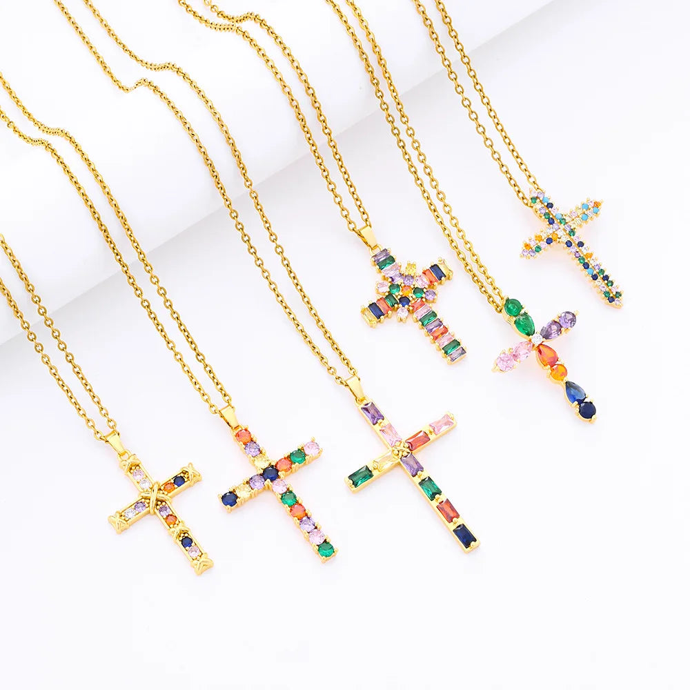 Stainless Steel Chain PVD 18K Gold Plated Colored Diamond CZ Cross Pendant Necklace Colorful Cross Crystal Necklace for Women