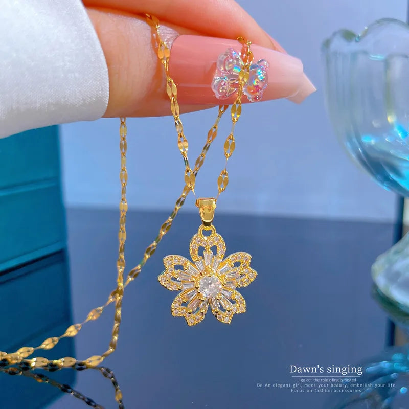 Bling Full Diamond Flower Pendant Necklace Micro Inlaid Shiny Cubic Zircon CZ Gold Plated Choker Necklace for Women Girls