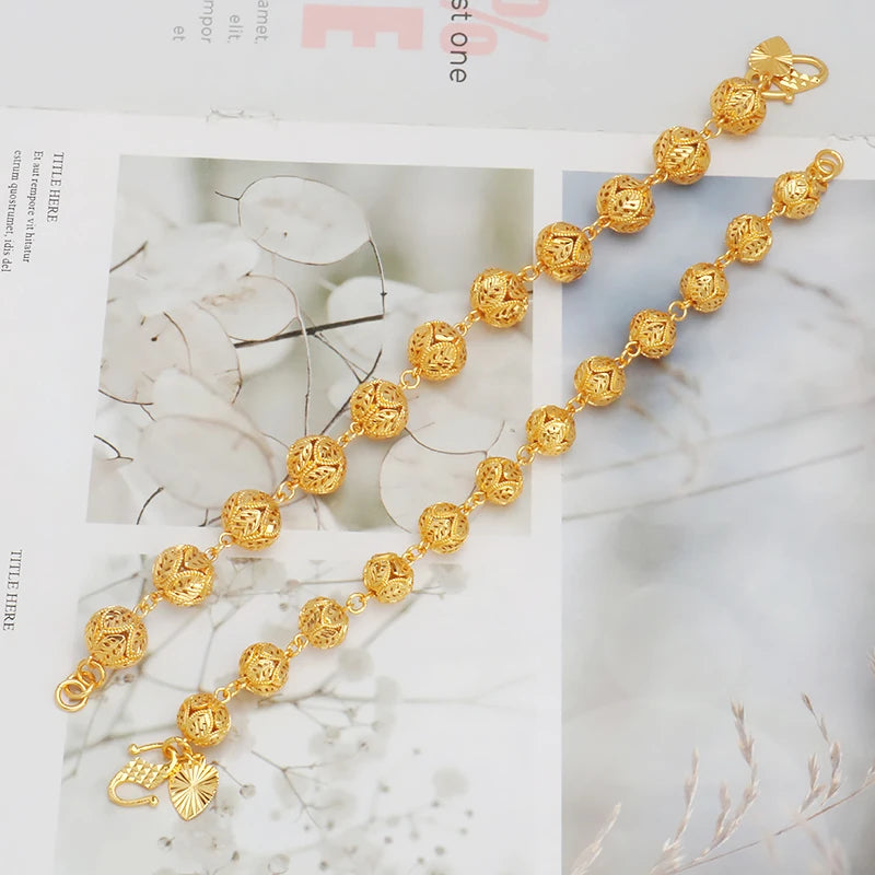 JXX Luxury 24k Gold Women New Arrival Leaf Ball Hollow Bracelet Beaded Fior Banquet Unisex Wrist Jewelry Wholesale