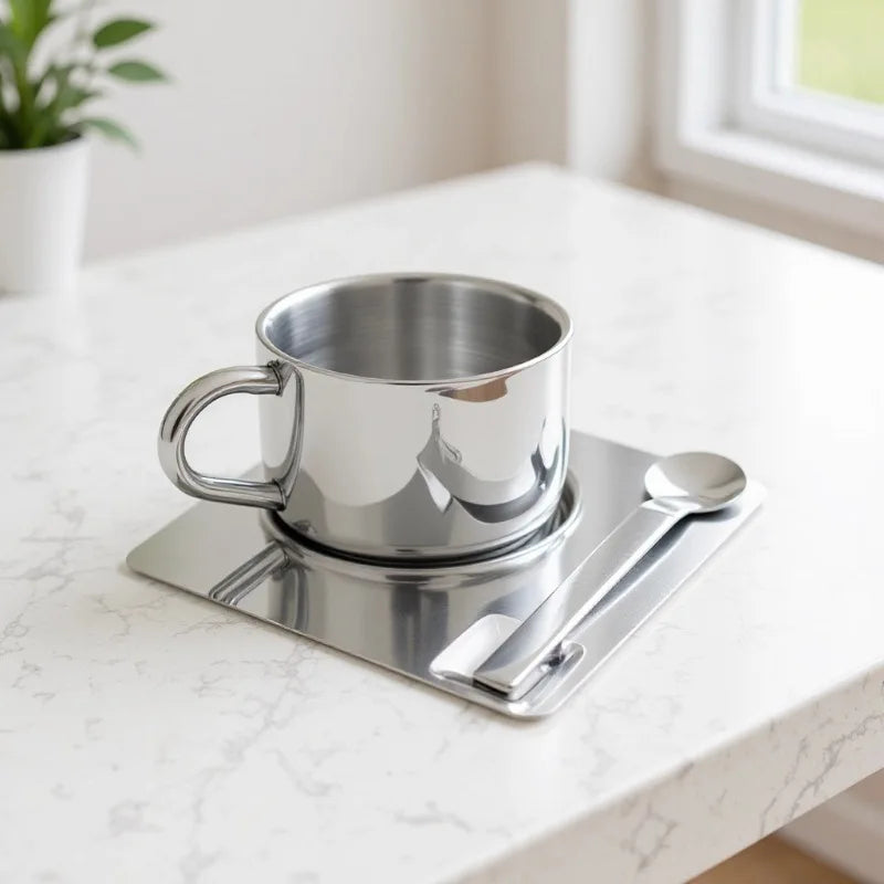 Latest Product Stainless Steel Coffee Cup Set 304 Coffee Cup Metal with Mixing Spoon and Plate Reusable Milk&tea Cup