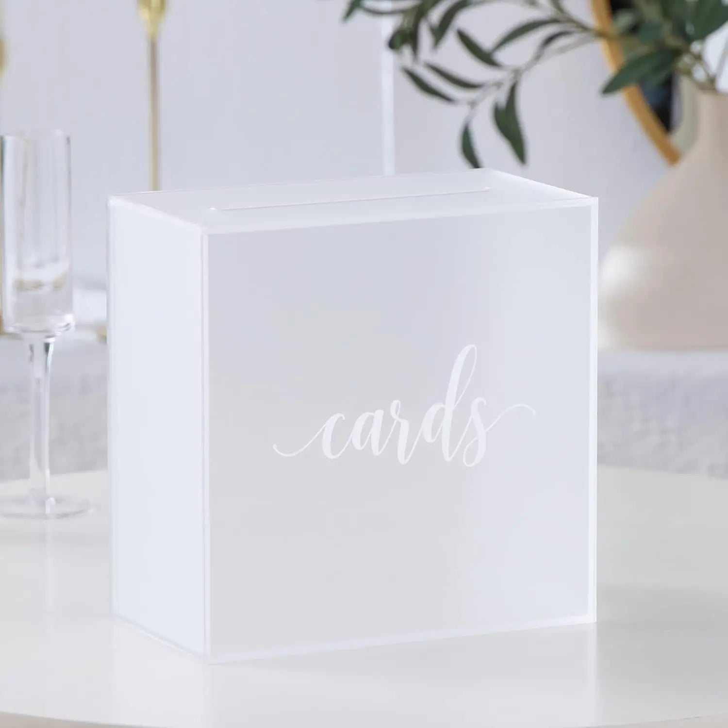 Large 10x10x5.5 Inch Frosted Acrylic Wedding Card Box 3mm White Print Weddings Birthdays Memory Storage Wishing Well Money Box