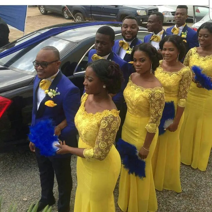 Morili African Cheap Customized Wedding Guest Plus Size Dress Maid of Honor Yellow Long Sleeve Bridesmaid Dresses MBLB997 MegaBDM