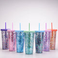 Wholesale 24oz Plastic Double Wall Tumbler Glitter Drinking Water Tumbler Cups in Bulk with Lids and Straws