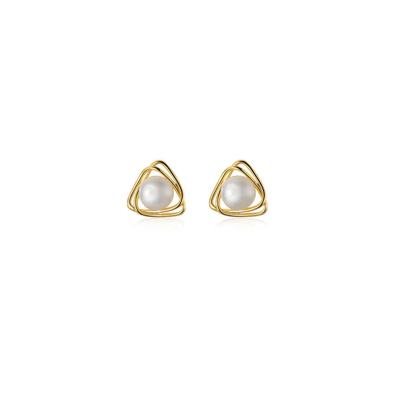 Fashion Jewelry 925 Sterling Silver Geometric Triangle Lines Natural Real Pearl Gold Plated Stud Earrings for Women