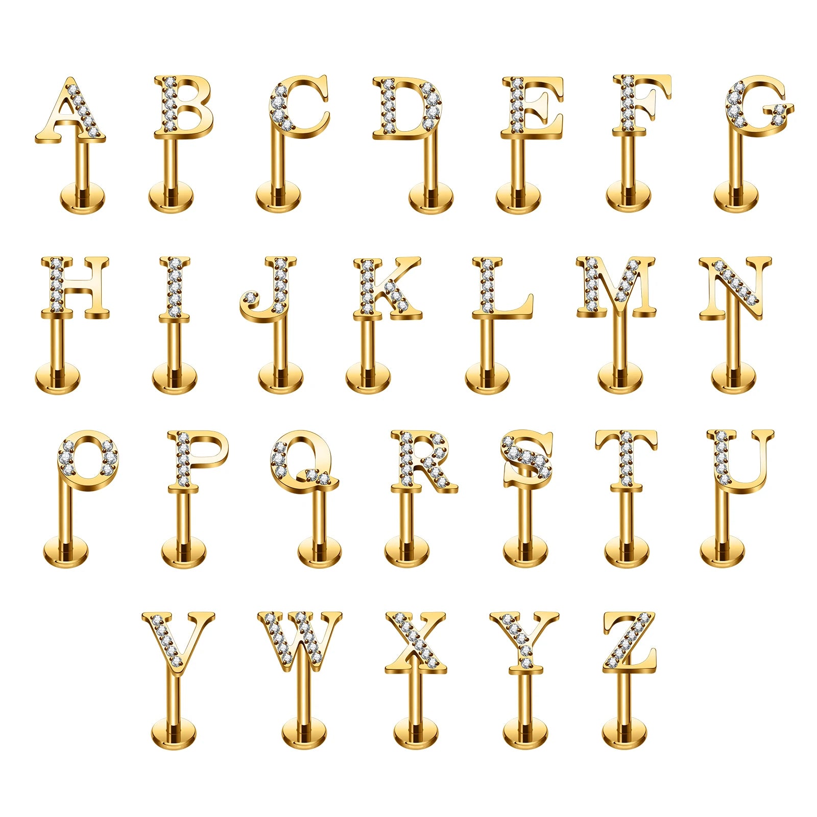 ASTM F136 Titanium 16G Ear Nose Studs Initial Letters Zircon Family Name Earrings Conch Helix Daith Cartilage Piercing Jewelry