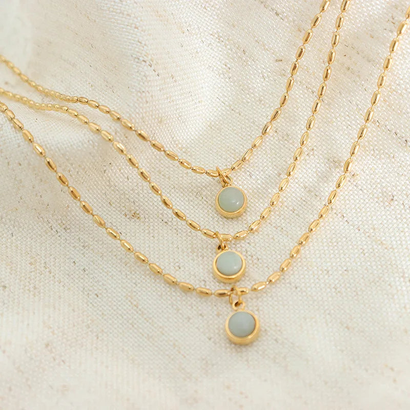 Vintage New Stainless Steel Plated 18K Gold Jewelry Natural Stone Pendant Necklace Rice Bead Chain Necklace Collares Para Mujer