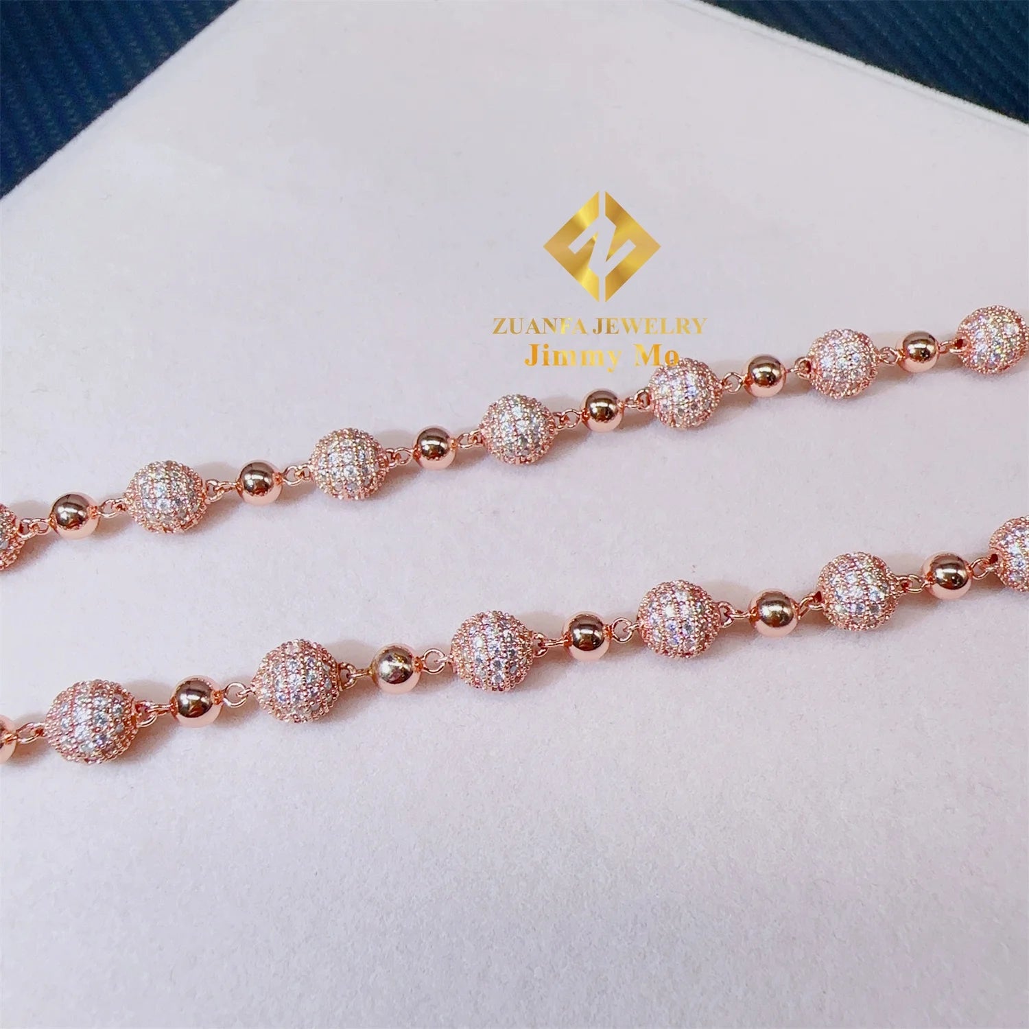 Customized 8mm Iced Out Hip Hop Chain Jewelry 925 Sterling Silver Rose Gold Plated Vvs Moissanite Ball Bead Chain Cuban Necklace