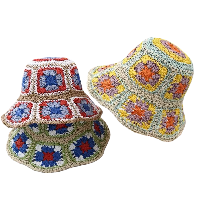 20 Colors Bohemian Handmade Flower Sun Straw Bucket Hat Breathable Foldable Wide Brim Summer Beach Paper Crochet Hats for Women