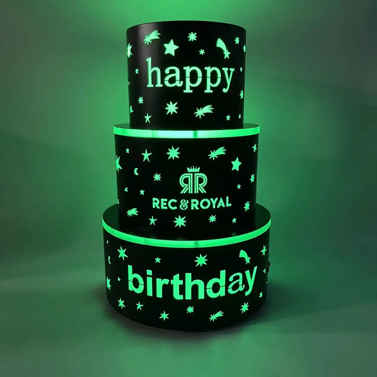 Custom Logo Happy Birthday Cake Display for Nightclub Party 3 Layers Metal Led Birthday Cakes