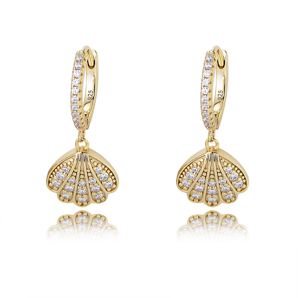 European and American 925 Sterling Silver Earrings Shell Zircon Pendant Gold Plated Hoop Earrings for Women