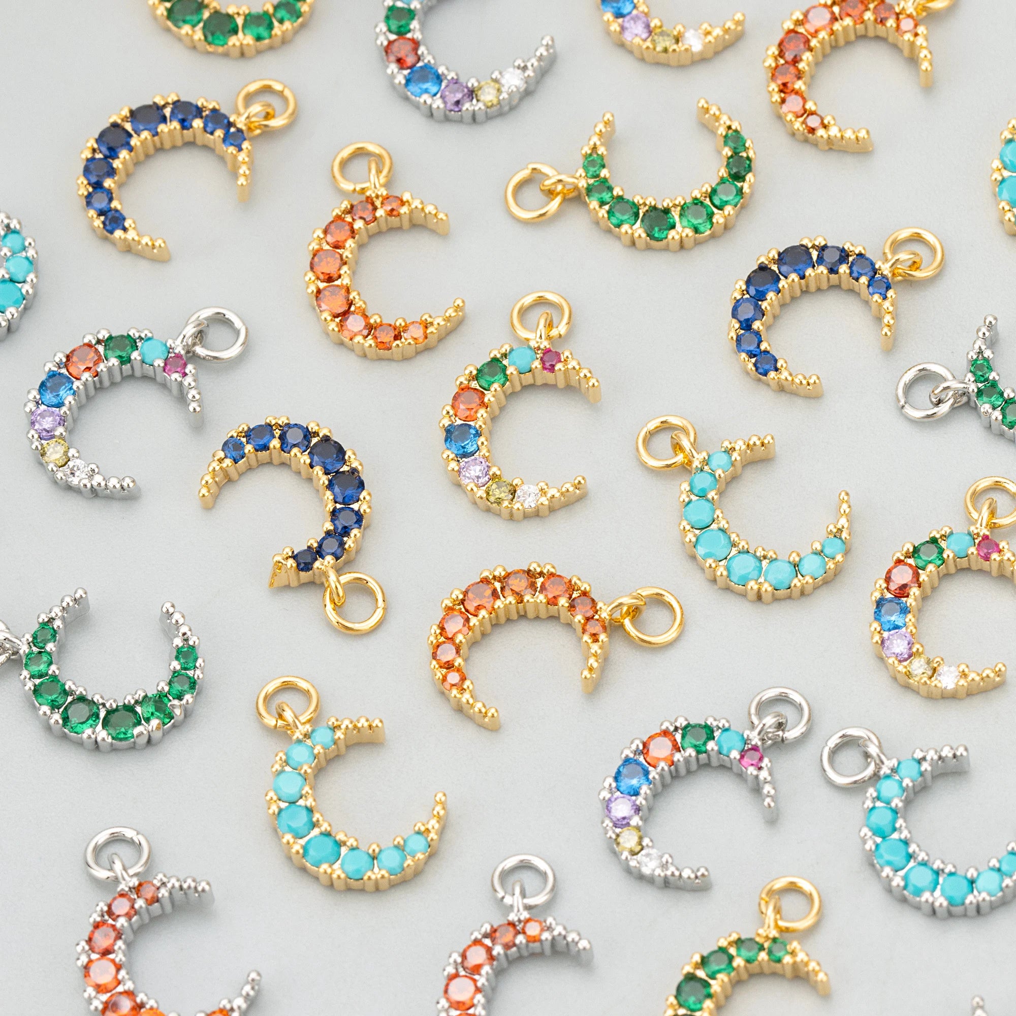 MG05 DIY Jewelry Accessory Set 6pcs 18K Gold Rhodium Plated Copper Zircon Moon Charms for Necklace Fashion Pendants Charms