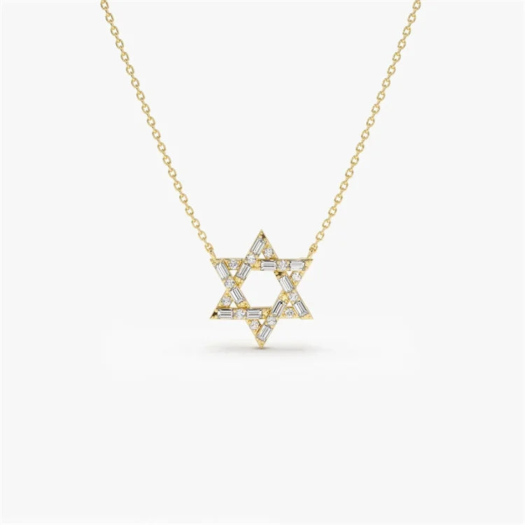 14k Gold Plated 925 Sterling Silver baguette Cz Pave Star of David Necklace for Women Wholesale