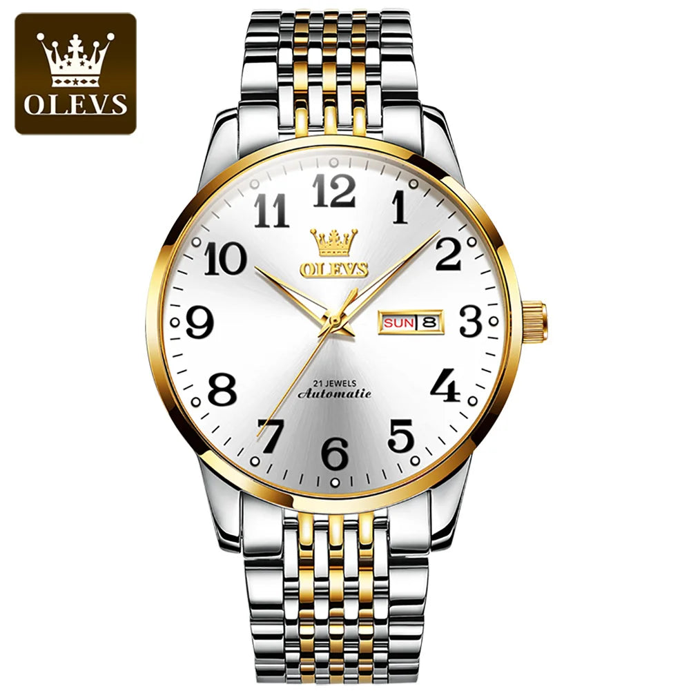 OLEVS 6666 Unique Golden Gents Mechanical Watch Stainless Steel Band Water Proof Date Display Old Business Wrist Watch