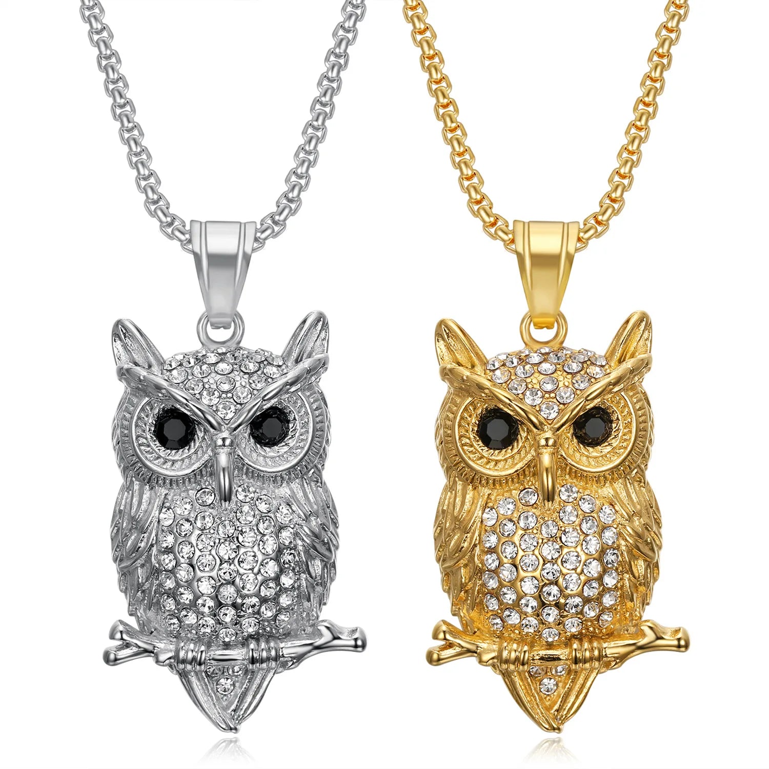 Wholesale Fashion Stainless Steel Owl Zircon Pendant Necklace Gold Plated Square Beads Chain Hip Hop Animal Women Men Jewelry