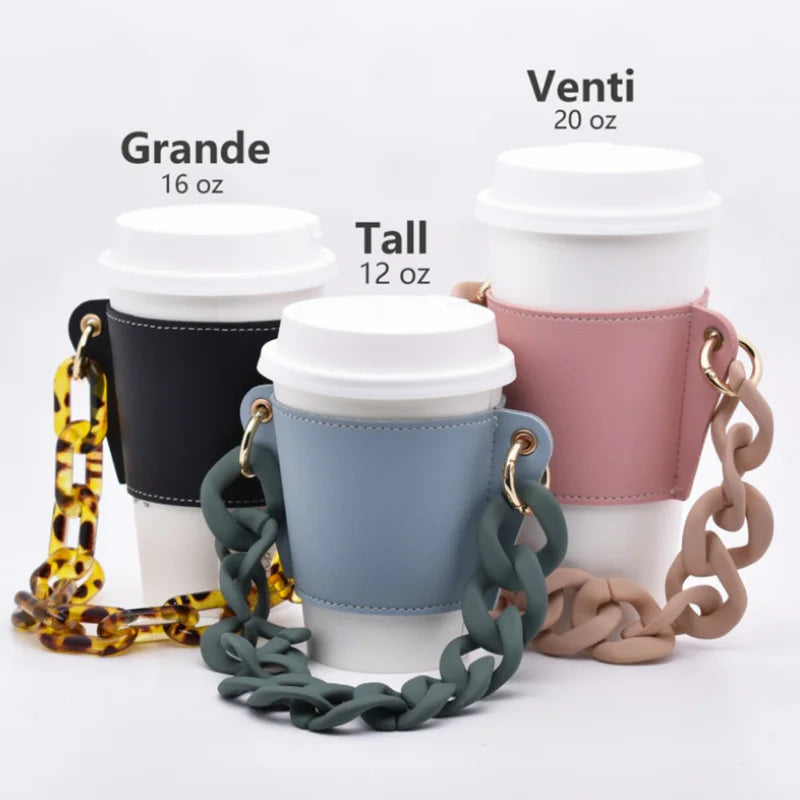 Leather Coffee Cup Sleeve Holder Cup Holder Carrier With Acrylic Chain Strap Handle