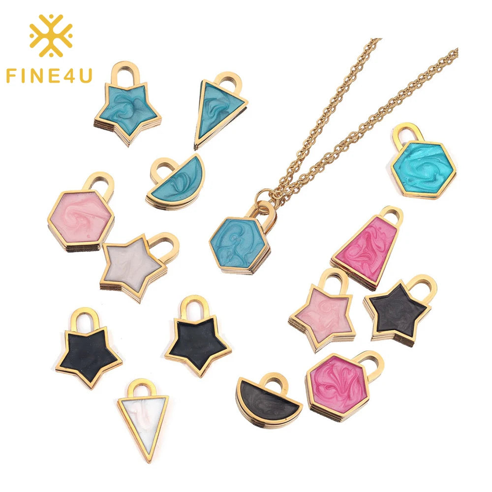Vintage Cute Small Star Lock Pendant Necklace Bracelet Stainless Steel Enamel Charms for Jewelry Making