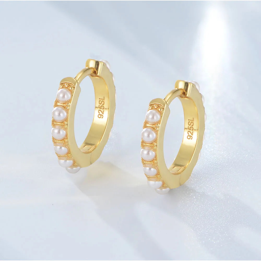 Trendy Gold & Rhodium Plated 925 Sterling Silver Pearl Huggie Hoop Earrings for Women-Gift Jewelry