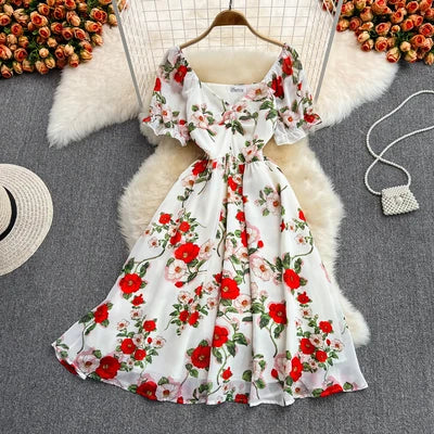 One Size Summer New Gentle Style Dress Mid Length Waistband V-neck Dress Fragmented Chiffon Dress