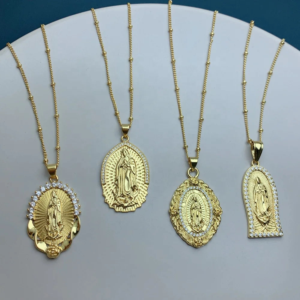 Metal Crystal Zircon Holy Virgin Guadalupe Pendant Women Necklace for Girls 2022 Religion Wish Pray Jewelry