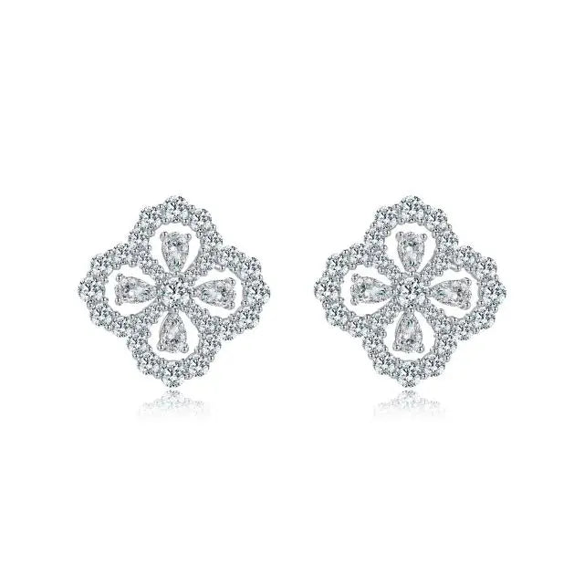 Sterling Silver Four Leaf Clover Stud Earrings with Cubic Zircon Trendy Drop Design Rhodium Plated