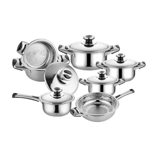 12- Piece Modern Stainless Steel Iron Kitchen Cookware Set with Glass Lid Compatible with Electric & Gas Stove for Home Use