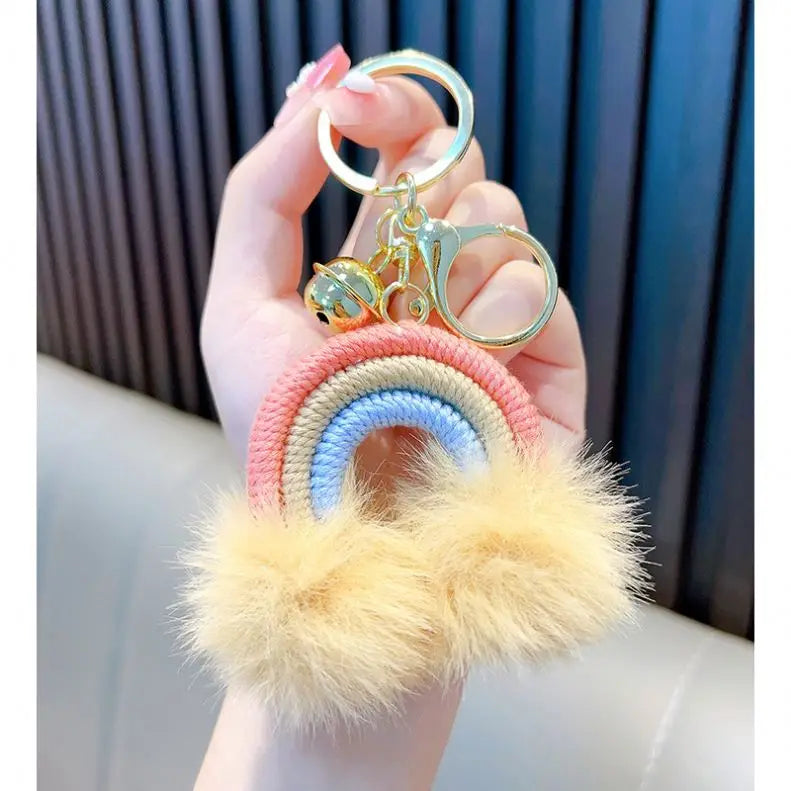 Women Bag Wallet Purse Charms Accessory Pendant Handmade Rainbow Macrame Key Chains Weaving Rainbow Boho Pompom Keychains