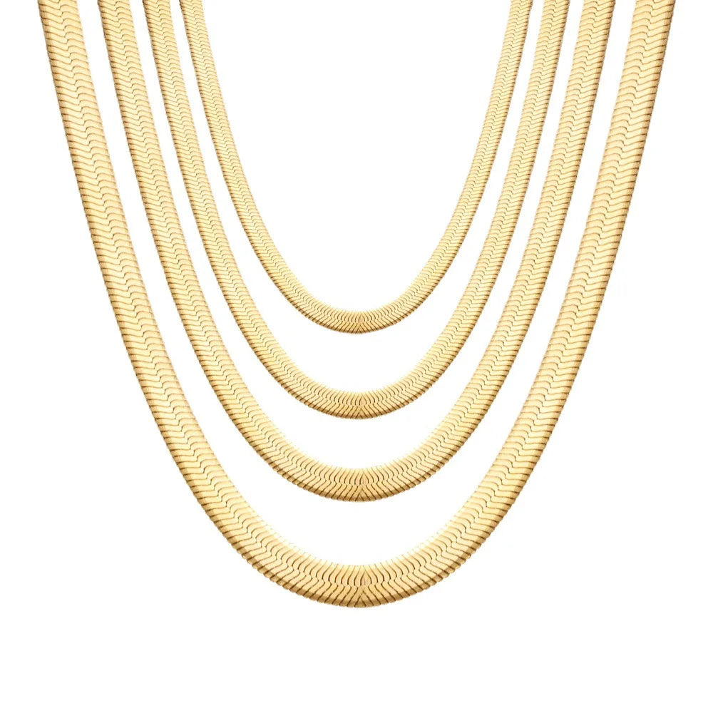 Yiwu DAICY Hot Sale 18k Gold Flat Snake Chain Necklace 2/3/4/5 mm High Polished Stainless Steel Herringbone Chain for Women Men